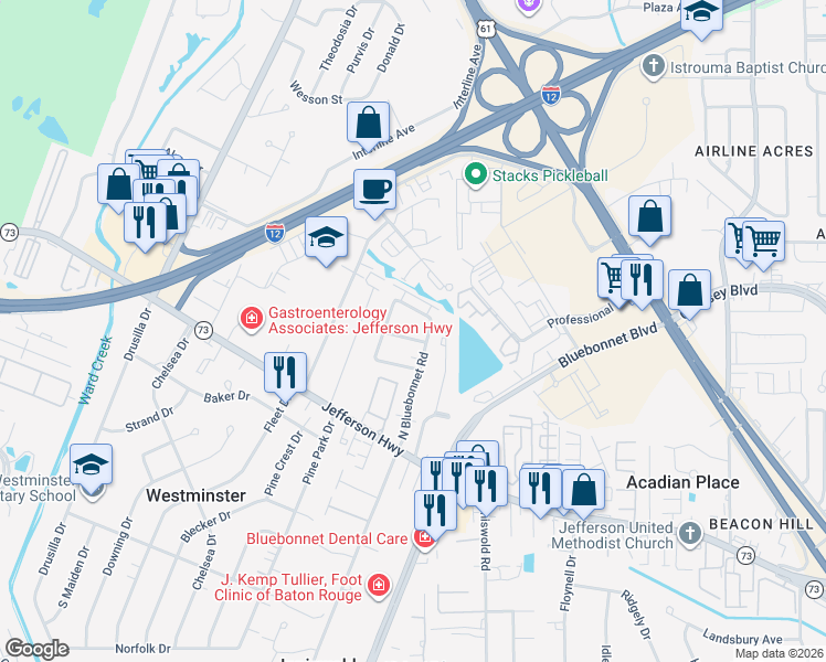 map of restaurants, bars, coffee shops, grocery stores, and more near 9322 Blueridge Street in Baton Rouge
