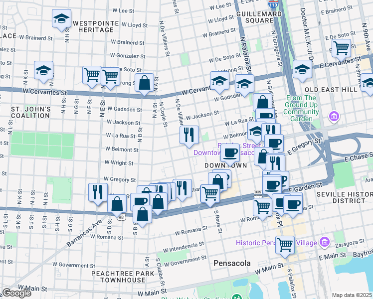 map of restaurants, bars, coffee shops, grocery stores, and more near 514 West Wright Street in Pensacola
