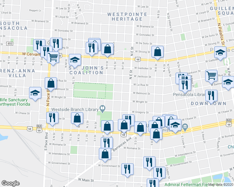 map of restaurants, bars, coffee shops, grocery stores, and more near 1220 West Wright Street in Pensacola