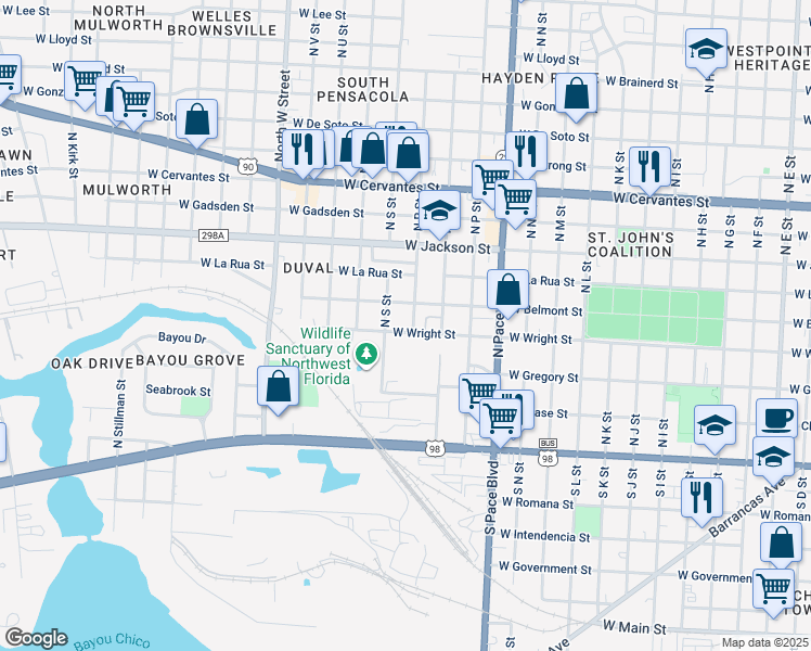 map of restaurants, bars, coffee shops, grocery stores, and more near 2300 West Wright Street in Pensacola