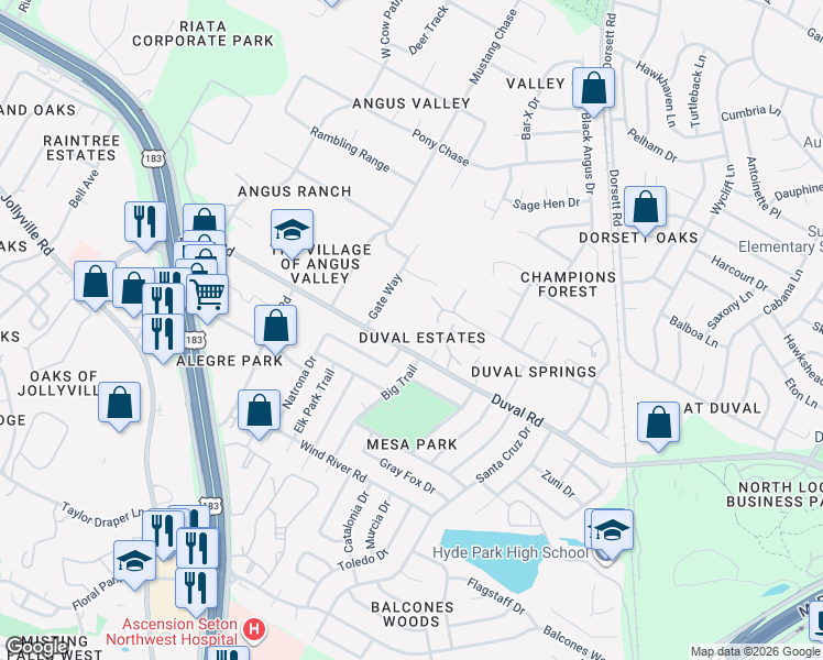 map of restaurants, bars, coffee shops, grocery stores, and more near 4808 Duval Road in Austin