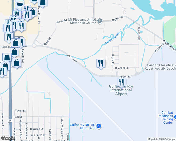map of restaurants, bars, coffee shops, grocery stores, and more near Airport Road in Gulfport