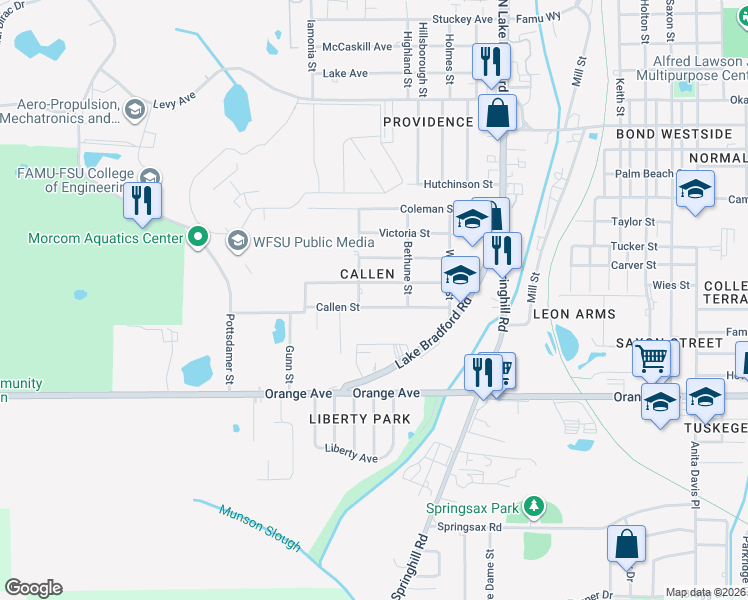 map of restaurants, bars, coffee shops, grocery stores, and more near 1409 Callen Street in Tallahassee