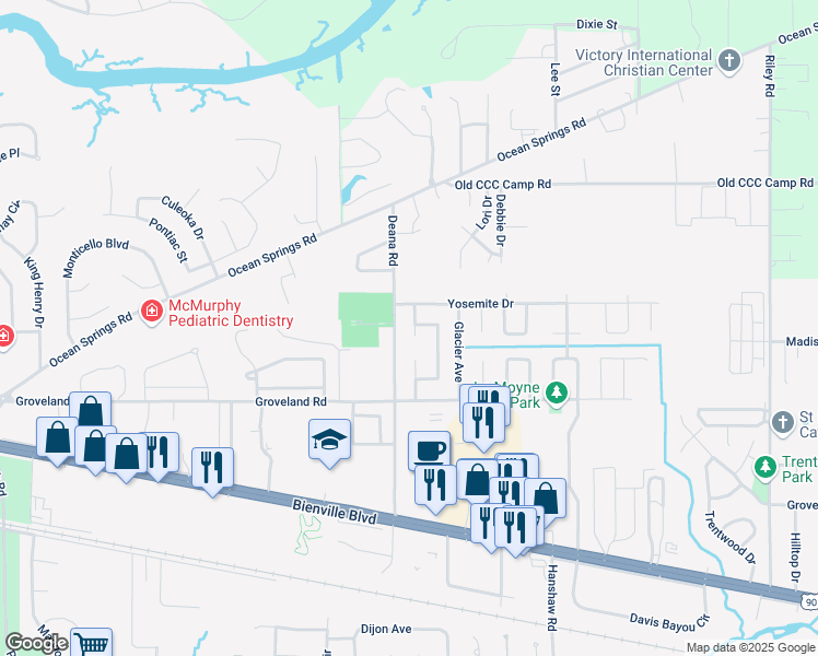map of restaurants, bars, coffee shops, grocery stores, and more near 604 Ronda Lane in Ocean Springs