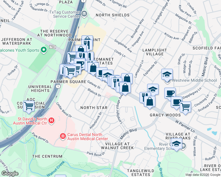 map of restaurants, bars, coffee shops, grocery stores, and more near 2121 West Parmer Lane in Austin