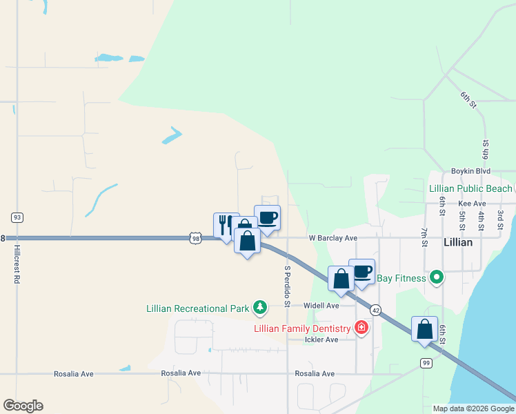 map of restaurants, bars, coffee shops, grocery stores, and more near 13121 Concord Drive West in Lillian