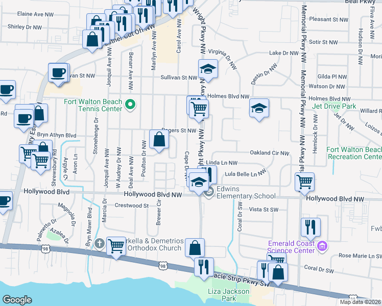 map of restaurants, bars, coffee shops, grocery stores, and more near 21 Cape Drive Northwest in Fort Walton Beach