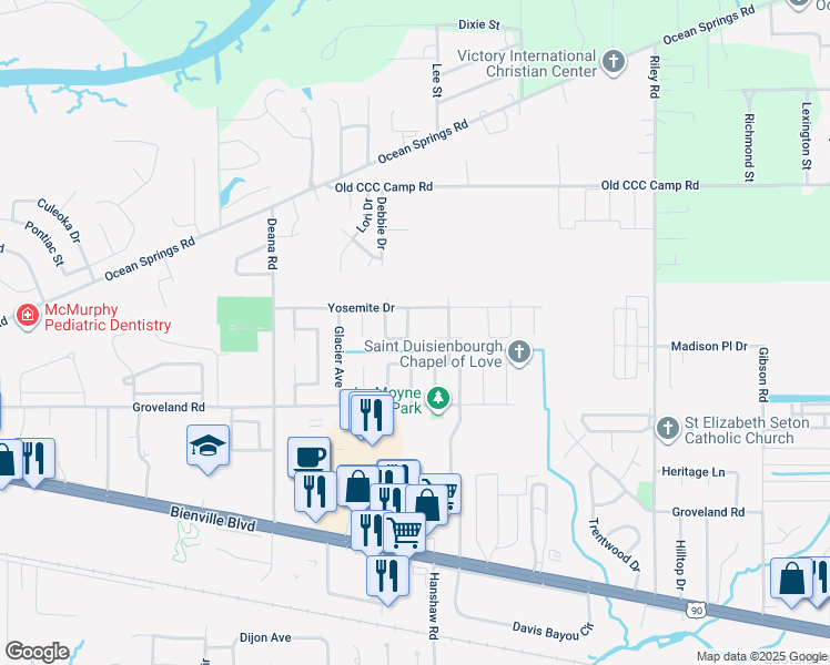 map of restaurants, bars, coffee shops, grocery stores, and more near 124 Yellowstone Circle in Ocean Springs