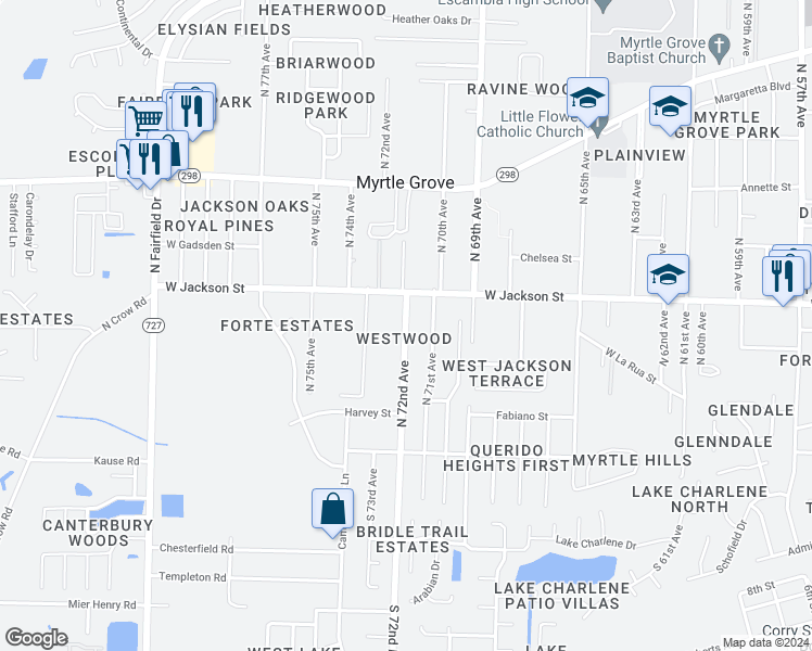 map of restaurants, bars, coffee shops, grocery stores, and more near 542 North 72nd Avenue in Pensacola