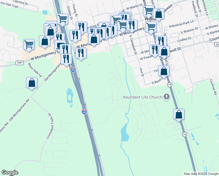 map of restaurants, bars, coffee shops, grocery stores, and more near Unnamed Road in Willis