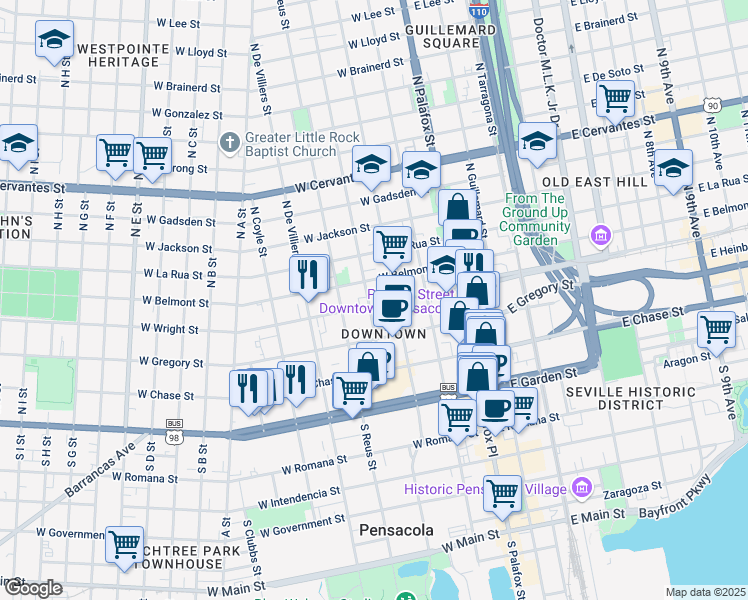 map of restaurants, bars, coffee shops, grocery stores, and more near 302 North Barcelona Street in Pensacola