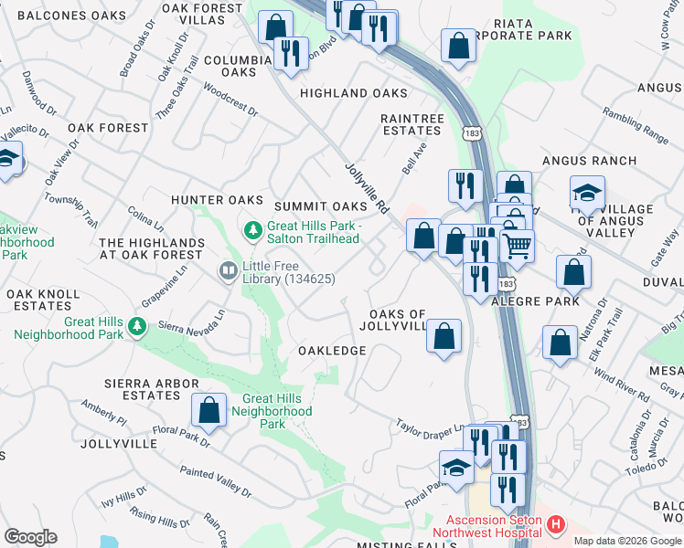 map of restaurants, bars, coffee shops, grocery stores, and more near 11337 Taylor Draper Lane in Austin