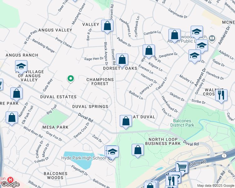 map of restaurants, bars, coffee shops, grocery stores, and more near 12201 Dorsett Road in Austin