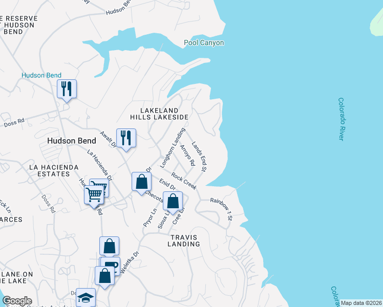 map of restaurants, bars, coffee shops, grocery stores, and more near 5601 Arroyo Road in Austin