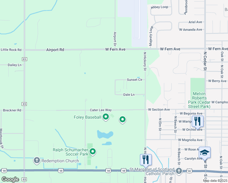 map of restaurants, bars, coffee shops, grocery stores, and more near 13125 Dale Lane in Foley