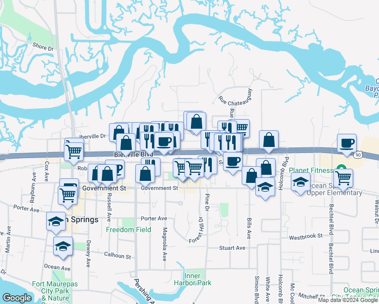 map of restaurants, bars, coffee shops, grocery stores, and more near 1581 Bienville Boulevard in Ocean Springs