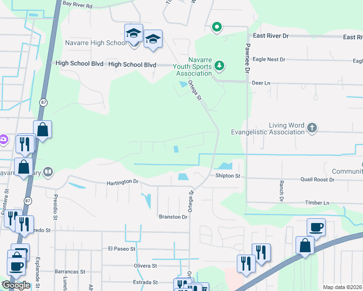 map of restaurants, bars, coffee shops, grocery stores, and more near 2165 Stratos Court in Navarre