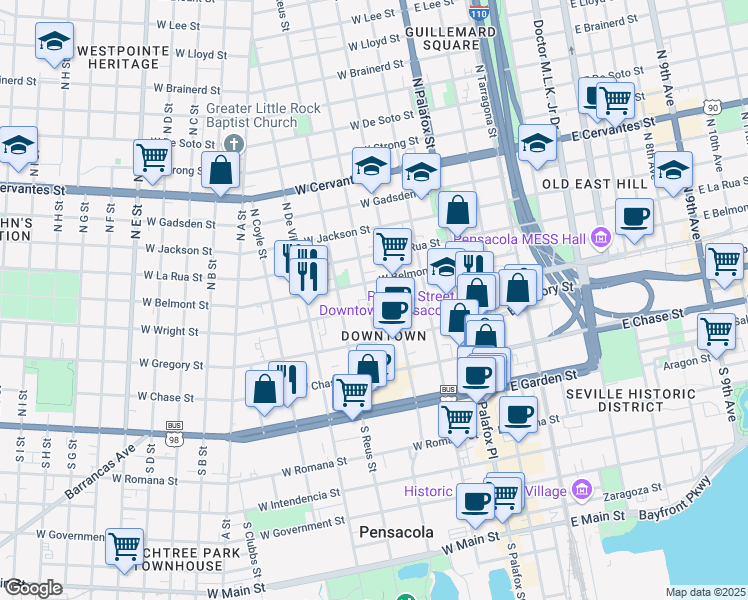 map of restaurants, bars, coffee shops, grocery stores, and more near 302 North Barcelona Street in Pensacola