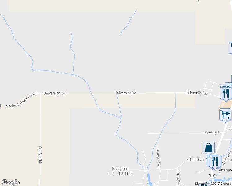 map of restaurants, bars, coffee shops, grocery stores, and more near University Road in Bayou La Batre