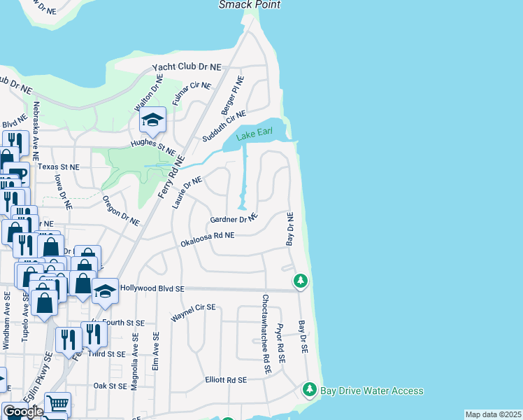 map of restaurants, bars, coffee shops, grocery stores, and more near 373 Gardner Drive Northeast in Fort Walton Beach