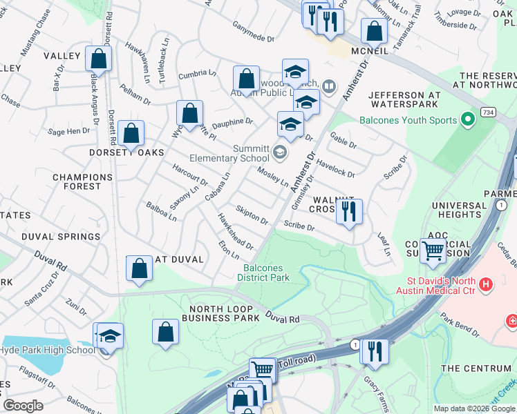 map of restaurants, bars, coffee shops, grocery stores, and more near 3811 Tattershall Lane in Austin