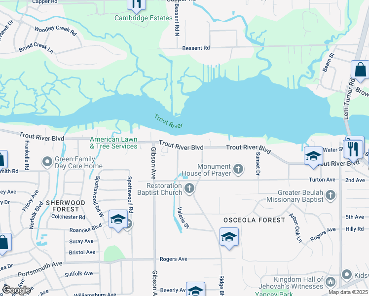 map of restaurants, bars, coffee shops, grocery stores, and more near 4035 Trout River Boulevard in Jacksonville
