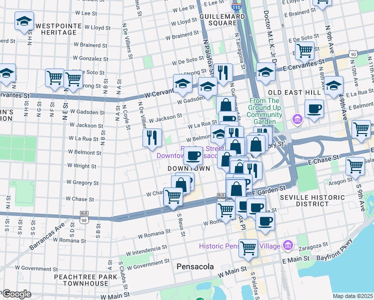 map of restaurants, bars, coffee shops, grocery stores, and more near 127 West Belmont Street in Pensacola