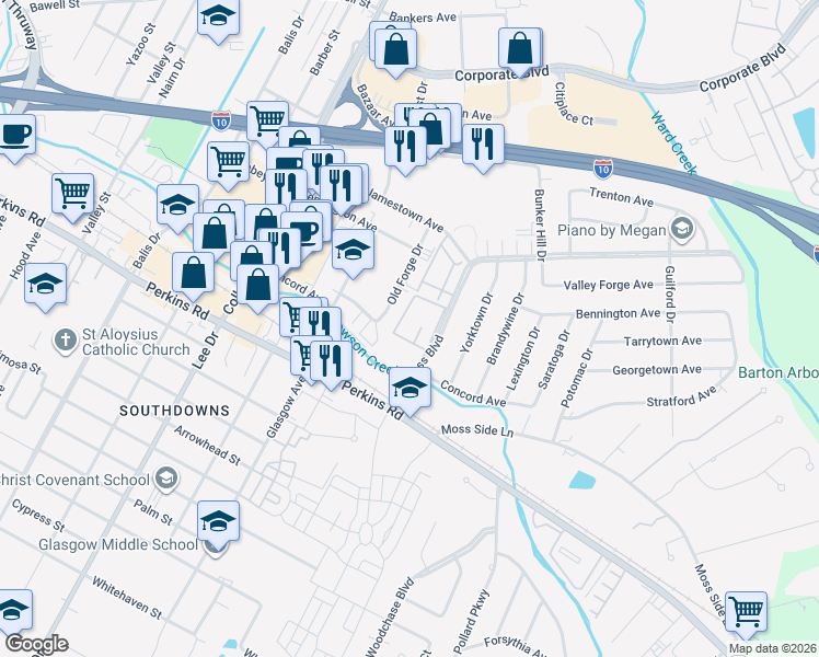 map of restaurants, bars, coffee shops, grocery stores, and more near 3030 Congress Boulevard in Baton Rouge
