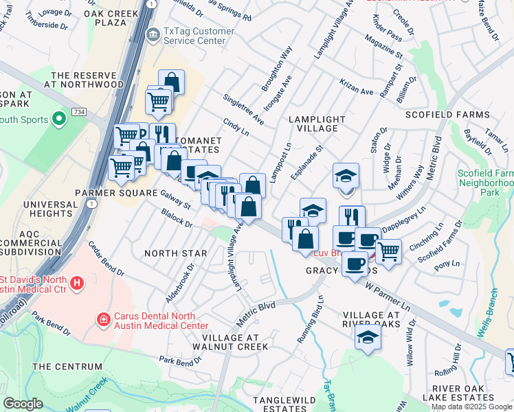 map of restaurants, bars, coffee shops, grocery stores, and more near 12511 Lamplight Village Avenue in Austin