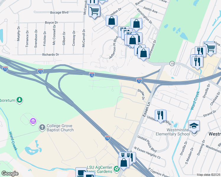 map of restaurants, bars, coffee shops, grocery stores, and more near 8090 Essen Cove Drive in Baton Rouge