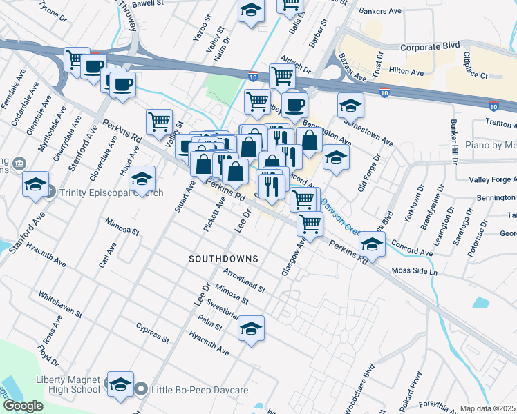 map of restaurants, bars, coffee shops, grocery stores, and more near 4536 Perkins Road in Baton Rouge