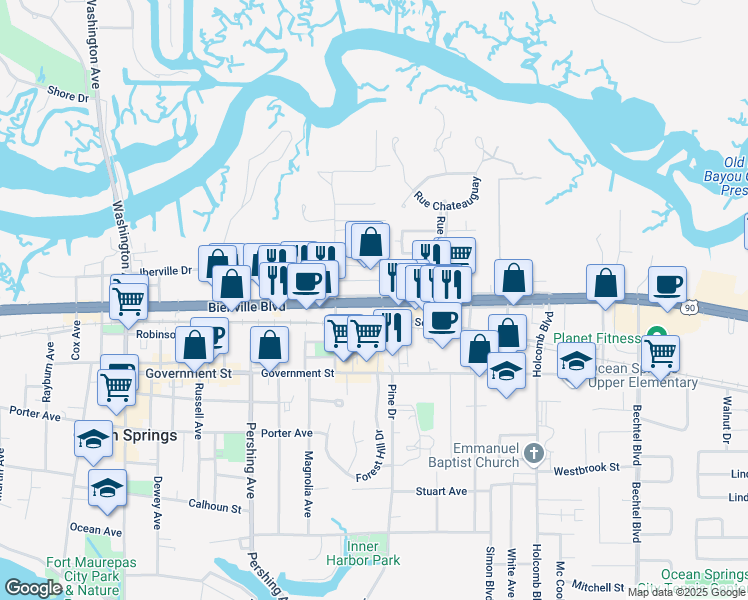 map of restaurants, bars, coffee shops, grocery stores, and more near 1581 Bienville Boulevard in Ocean Springs