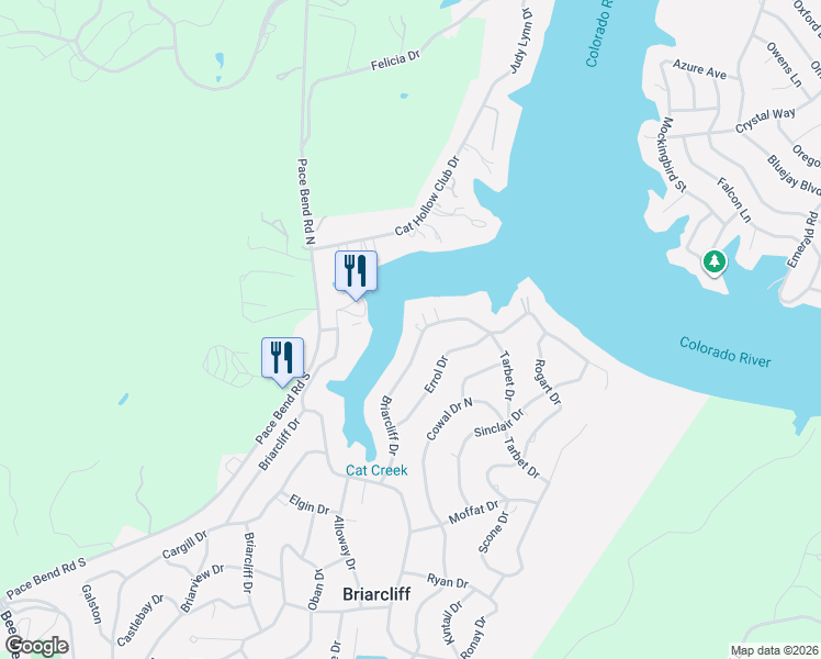 map of restaurants, bars, coffee shops, grocery stores, and more near 22000 Briarcliff Drive in Briarcliff