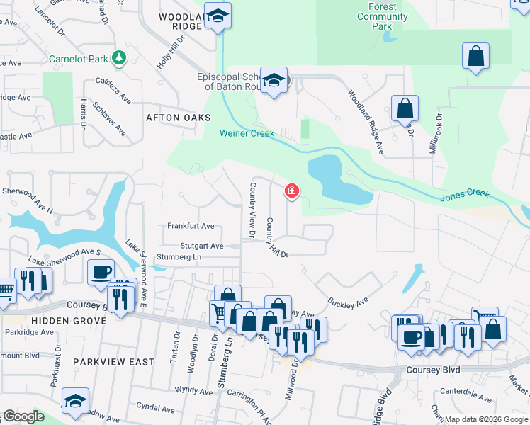 map of restaurants, bars, coffee shops, grocery stores, and more near 3925 Country Hill Drive in Baton Rouge