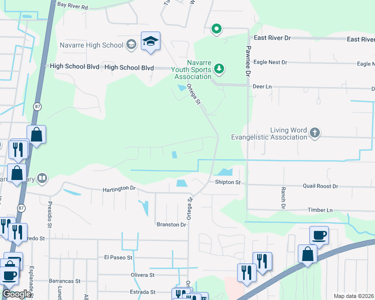 map of restaurants, bars, coffee shops, grocery stores, and more near 2181 Stratos Court in Navarre