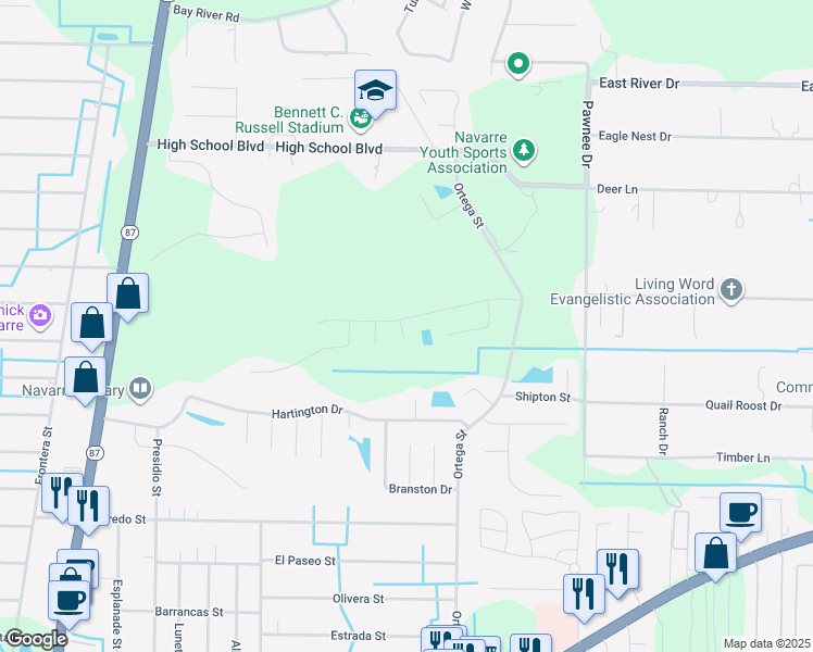 map of restaurants, bars, coffee shops, grocery stores, and more near 8193 Cosica Boulevard in Navarre
