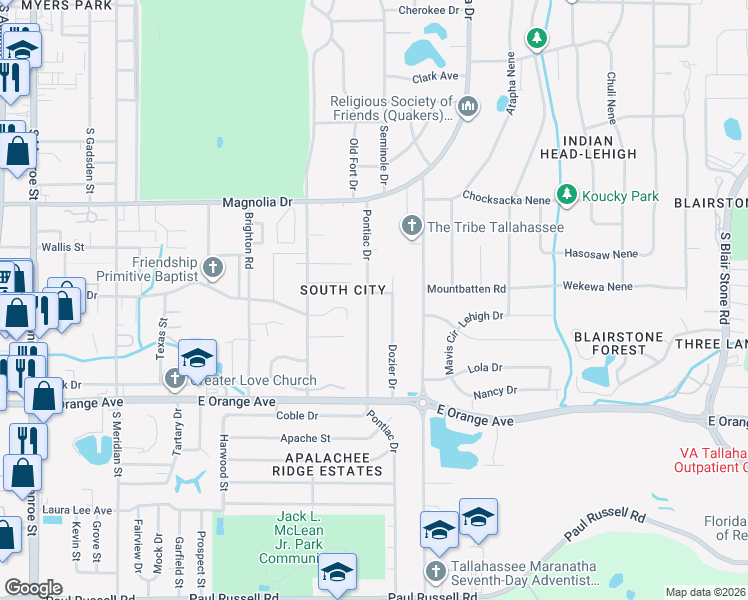 map of restaurants, bars, coffee shops, grocery stores, and more near 1001 Hiawatha Drive in Tallahassee