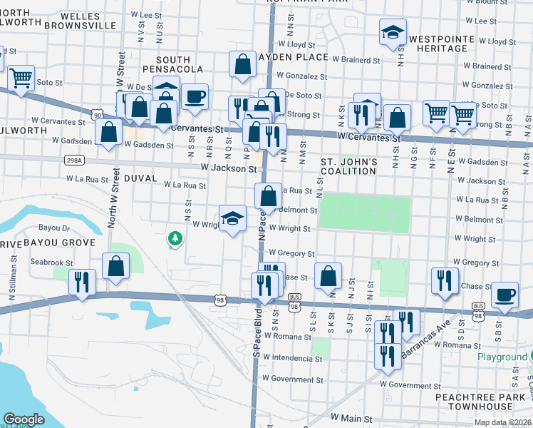map of restaurants, bars, coffee shops, grocery stores, and more near 400 U.S. 98 in Pensacola