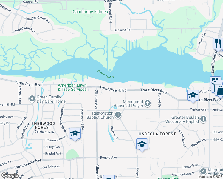 map of restaurants, bars, coffee shops, grocery stores, and more near 4035 Trout River Boulevard in Jacksonville