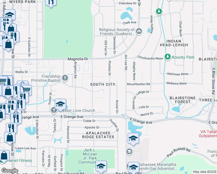 map of restaurants, bars, coffee shops, grocery stores, and more near 900 Ashburn Drive in Tallahassee