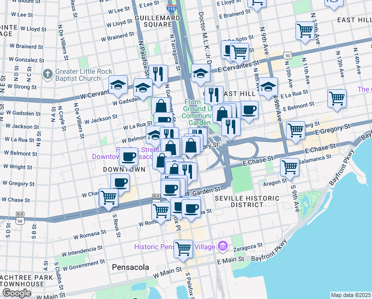 map of restaurants, bars, coffee shops, grocery stores, and more near 106 East Wright Street in Pensacola