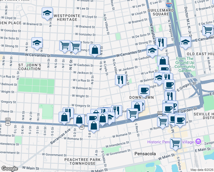 map of restaurants, bars, coffee shops, grocery stores, and more near 607 West La Rua Street in Pensacola