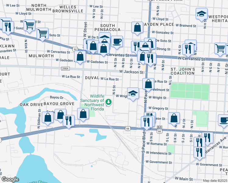 map of restaurants, bars, coffee shops, grocery stores, and more near 400 North S Street in Pensacola