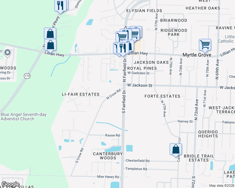 map of restaurants, bars, coffee shops, grocery stores, and more near 603 North Crow Road in Pensacola