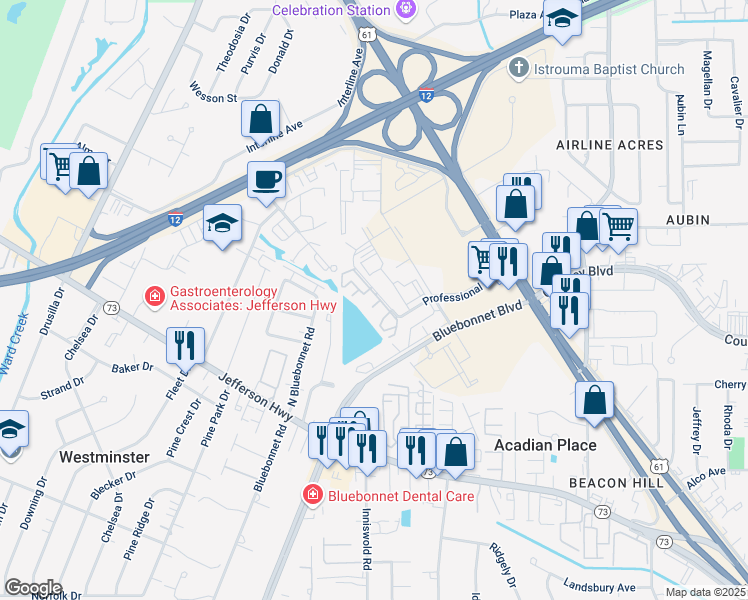map of restaurants, bars, coffee shops, grocery stores, and more near 10298 North Winston Avenue in Baton Rouge