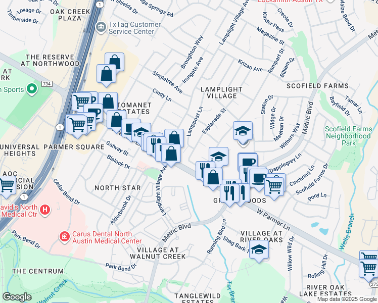 map of restaurants, bars, coffee shops, grocery stores, and more near 1909 Esplanade Street in Austin