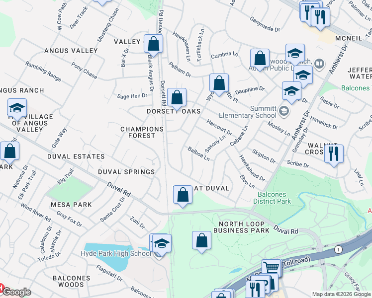map of restaurants, bars, coffee shops, grocery stores, and more near 12020 Wycliff Lane in Austin