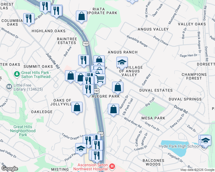 map of restaurants, bars, coffee shops, grocery stores, and more near in Austin