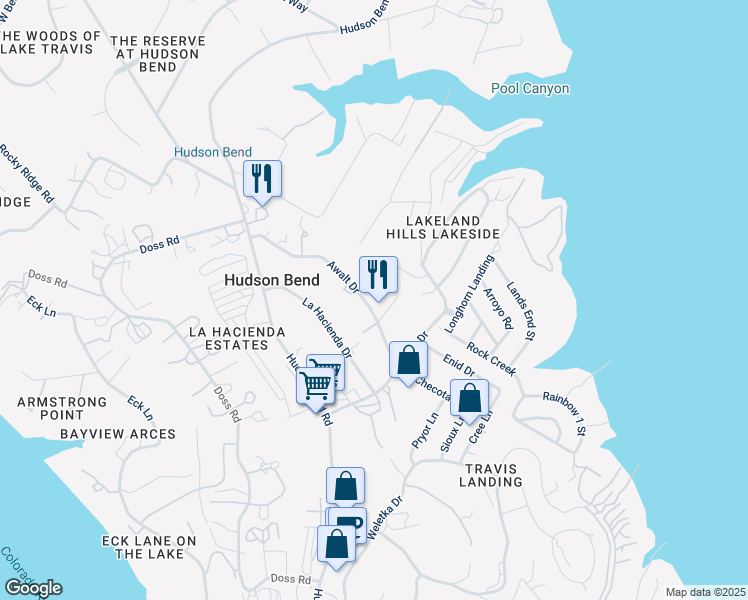 map of restaurants, bars, coffee shops, grocery stores, and more near 15804 Awalt Drive in Austin