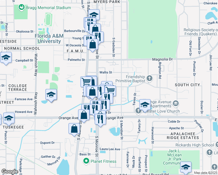 map of restaurants, bars, coffee shops, grocery stores, and more near 303 Putnam Drive in Tallahassee